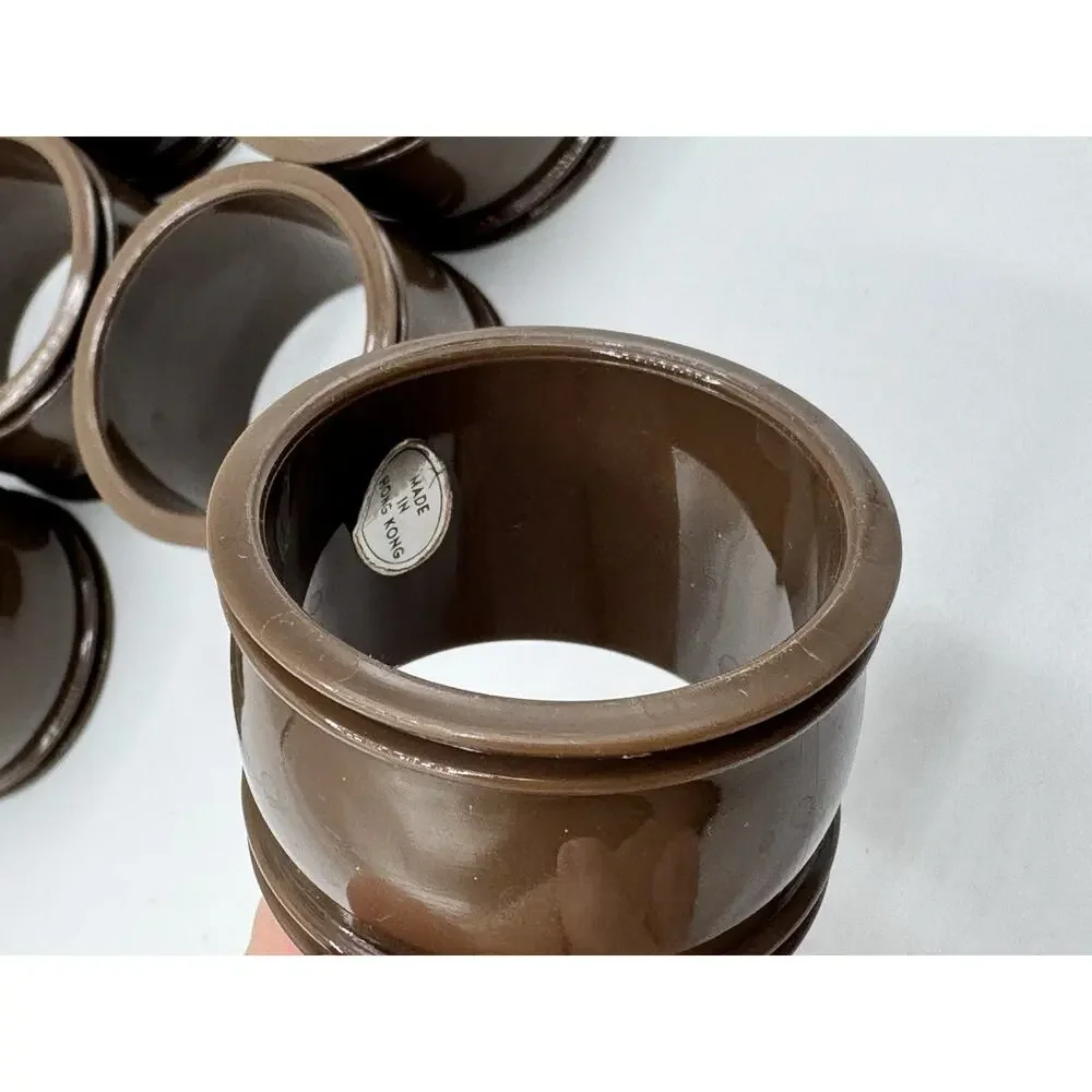 Set of 8 Vtg MCM Brown MELAMINE NAPKIN RINGS Round CLASSIC Hong Kong